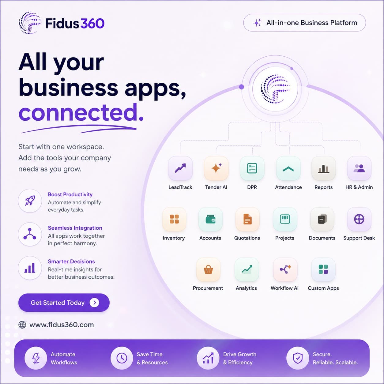 All your business apps, connected — the Fidus360 platform links LeadTrack, Tender AI, DPR, Attendance, Reports, HR & Admin, Inventory, Accounts, Quotations, Projects, Documents, Support Desk, Procurement, Analytics, Workflow AI, and Custom Apps into one workspace.